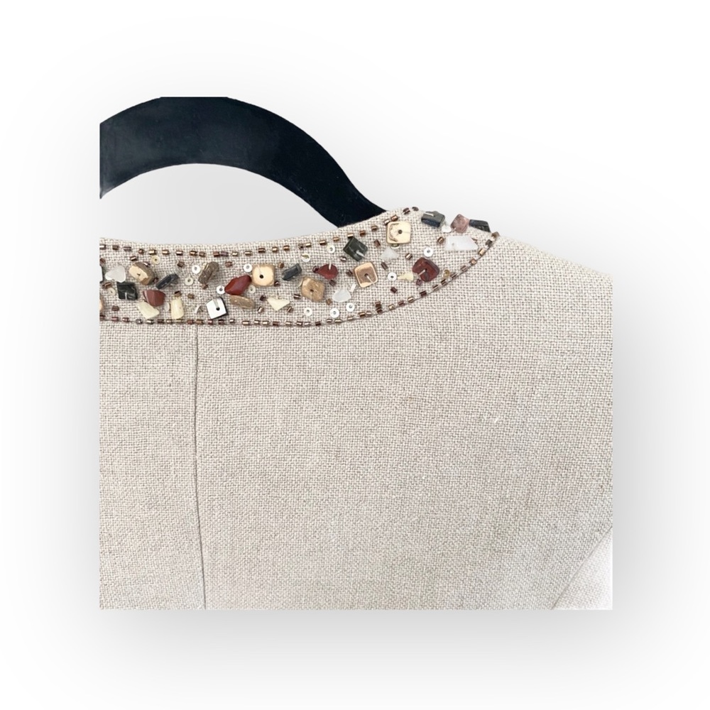 BCBG MaxAzria  Gemma Raw Gems Cropped Linen Jacket  Straw Beige - Picture 12 of 16